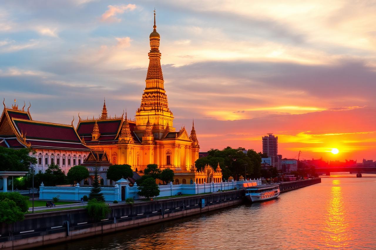 Golden temple spires beside the Chao Phraya river in Bangkok at sunset
