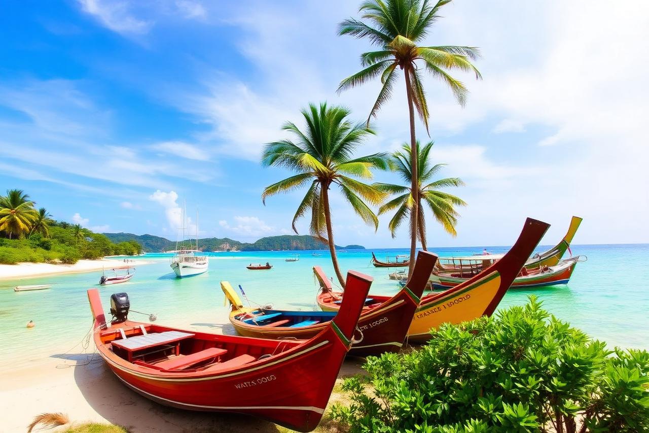 Colourful longtail boats and palm trees on a bright tropical beach in eastern Thailand