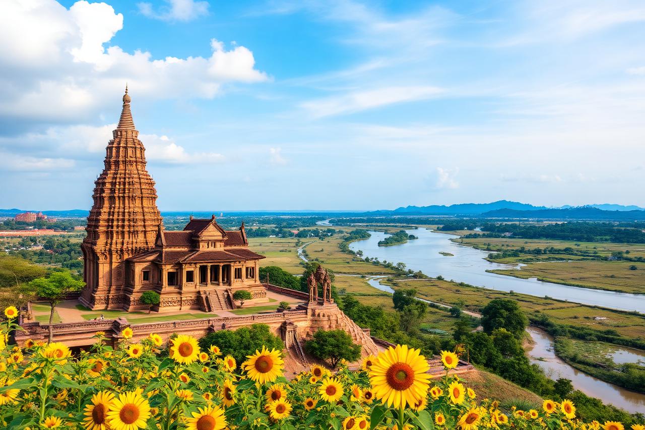 Ancient Khmer sandstone temple above sunflower fields with the Mekong river beyond