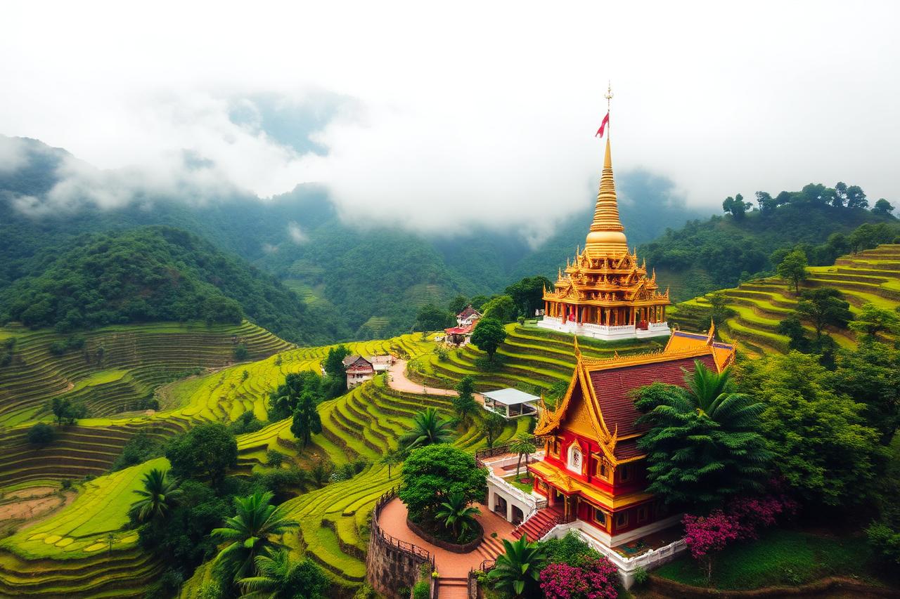 Golden Lanna temple among misty green mountains and rice terraces in northern Thailand