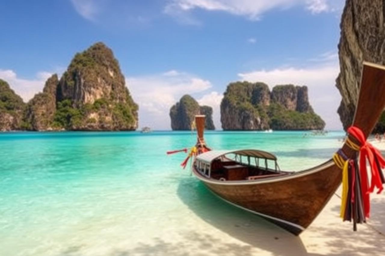Longtail boat on turquoise water beside limestone karst islands in southern Thailand
