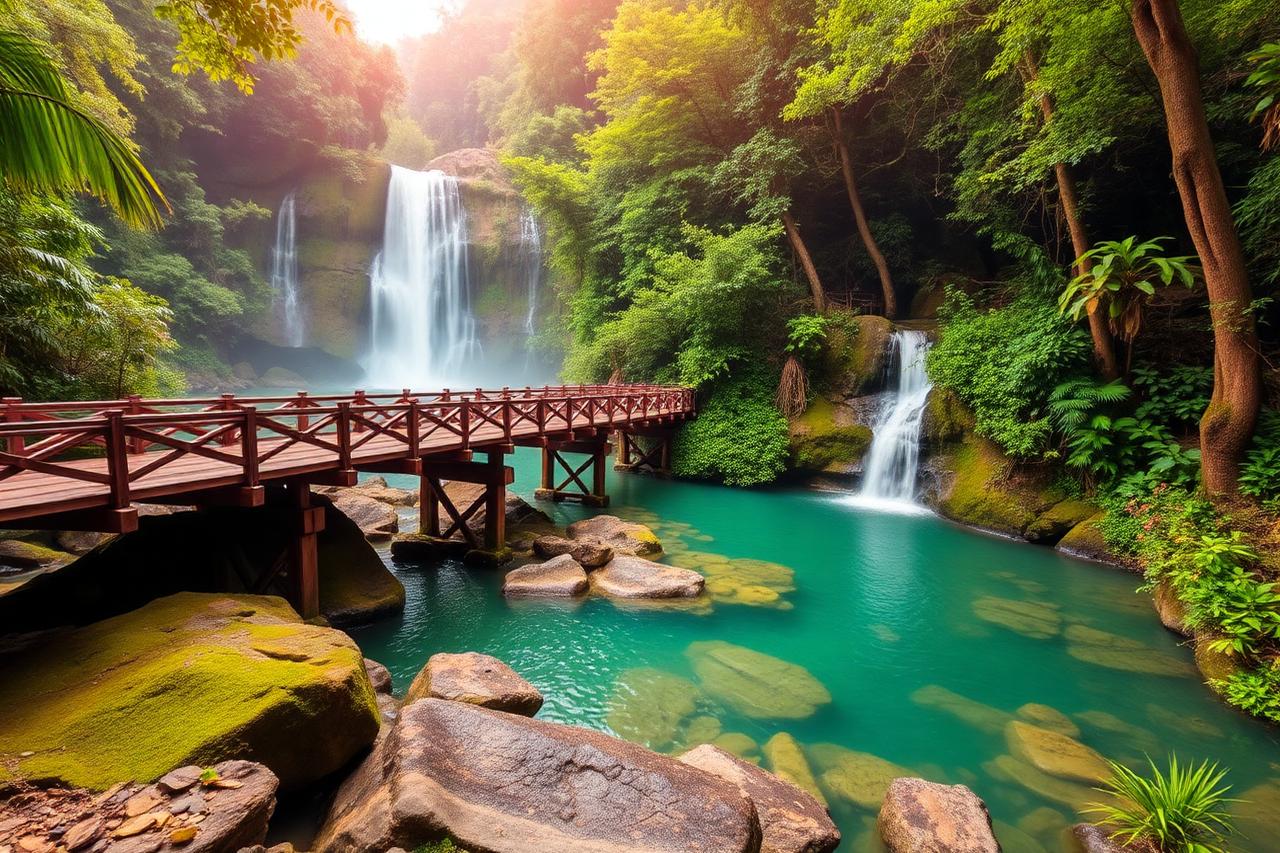 Wooden bridge over an emerald jungle river with waterfalls in western Thailand